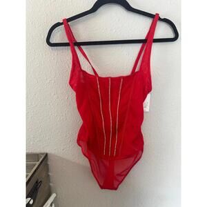 NWT Auden red mesh and rhinestone lingerie bodysuit size S. Retail $30